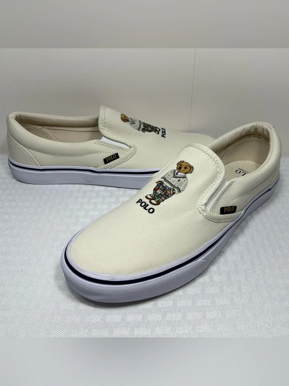 Polo Ralph Lauren Keaton Slip-On Bear Men's 10 Canvas Cream Sneaker Shoes EXC!
